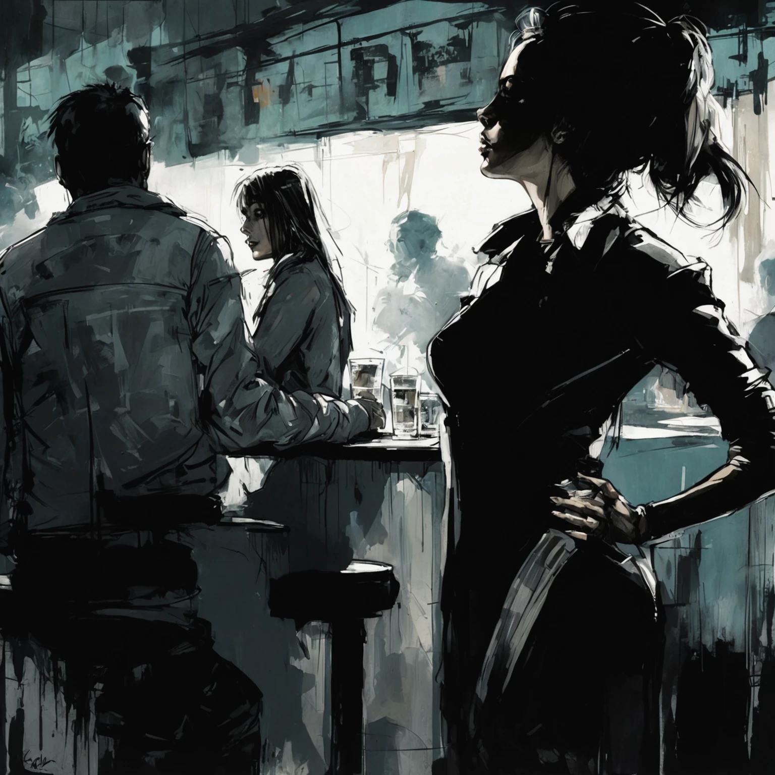 painting of a woman standing in front of a bar with a man sitting at the bar, with influence of jeremy mann, style of jeremy mann, jeremy mann art, in a bar, jeremy mann painting, jeremy mann, at a bar, drawn in a neo - noir style, by Ludwik Konarzewski, ashley wood illustration, sitting alone at a bar