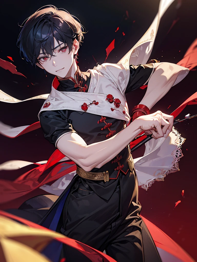boy, red eyes, red curry hair. sadistic, t shirt. he so arrogant. handsome man. very short hair. like a man. gentleman. like a prince, background in mansion, kind smiling. he is vampire noble. have bangs