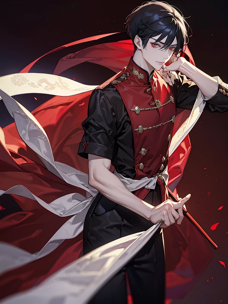 boy, red eyes, red curry hair. sadistic, t shirt. he so arrogant. handsome man. very short hair. like a man. gentleman. like a prince, background in mansion, kind smiling. he is vampire noble. have bangs