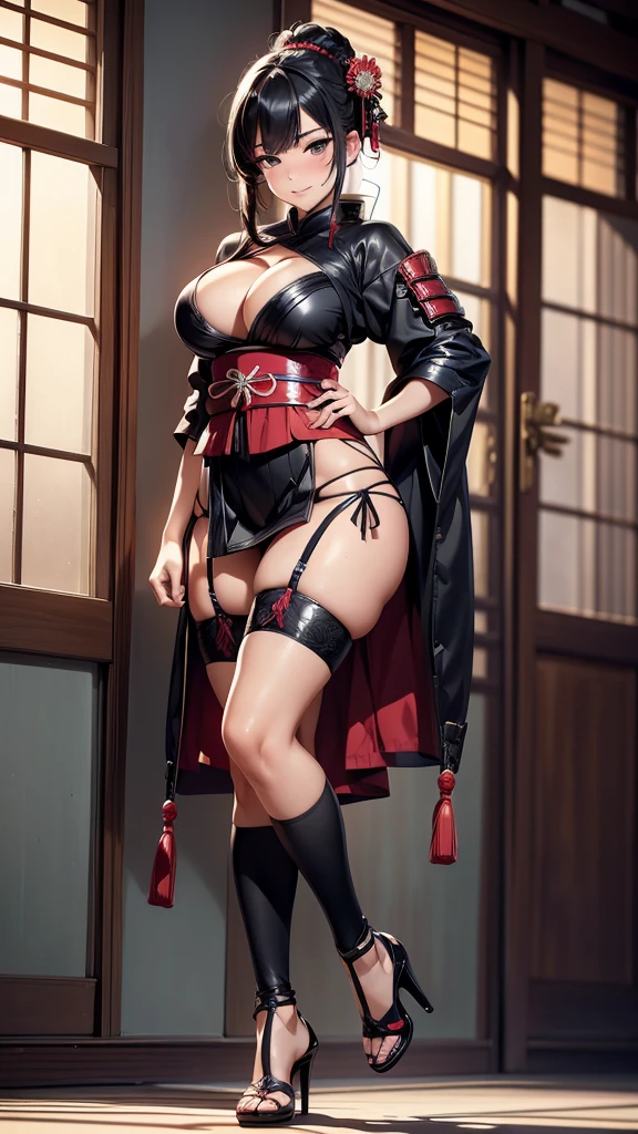 A sexy girl, samurai woman, samurai armor, samurai, french braid style hair, black hair, ((black eyes)), beautiful eyes, blush on make up, pleasure expression, long eyelashes, big breasts, blushing, smiling, (high quality), (best quality), (full body camera shot), sexy lips, cleavage, big hips, sexy thigh, castle background, garter belts, stockings, high heels shoes,
