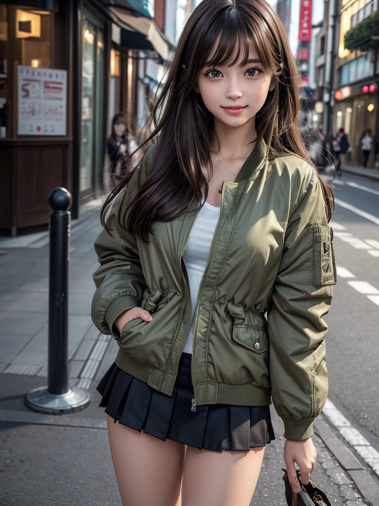 (8k, RAW Photos, Highest quality, masterpiece:1.2), (Realistic, photo-Realistic:1.4), (Highly detailed 8K wallpapers), ((Full Body Shot)), (1 girl), Sharp focus, Depth of written boundary, Cinematic lighting, Soft Light, 緻密な美しさのeye, eye_Chan, Very beautiful 17 year old girl, innocent big eyes, Realistic, photo Realistic, Highly detailed cute girl, (Thin thighs), (Model body type), 18-year-old, ((Khaki flight jacket)), (T-Shirts), (Black color micro mini tight skirt), (((Fold your arms in front of your chest and act arrogantly))), ((A happy smile)), Parted lips, Watching the audience, (On the streets of Tokyo) , (Brown Hair),(Long Bob Hair), (Asymmetrical bangs)