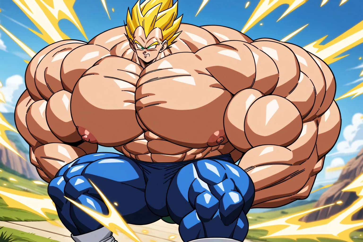 1boy, Vegeta, from Dragon Ball Z, masterpiece, best quality, very aesthetic, absurdres, saiyan, green eyes, spiked hair, (yellow hair:1.5), shirtless, blue skintight pants, white gloves, (huge muscles:2.5), dragonballartstyle, in the style of Akira Toriyama, white tiled floor, outdoors, flat-top mountains, nipples, yellow aura, electricity