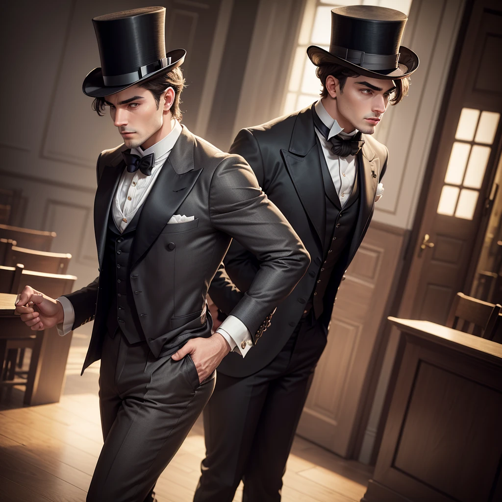 masterpiece, Highest quality, Realistic, 1 person, Mature Men, A quiet and attractive young man, Age 25, Close ~ eyes, Serious expression, Highly detailed face, ((Dark grey eyes)), ((Short dark brown hair swept to the right)), [Thick eyebrows], Thief, city, ((Wearing a top hat)), Cinema Lighting, Looking at the audience, Postural dynamics,Side angle、((Full body view))