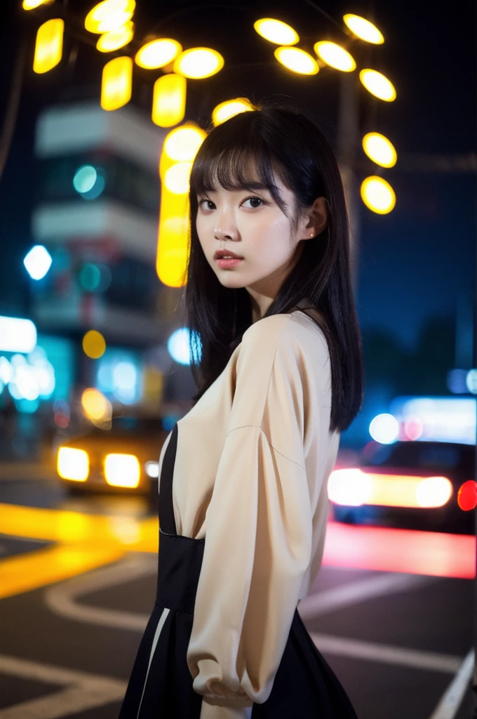 (Cinematic Aesthetic:1.4) Photo of a beautiful korean fashion model bokeh city night