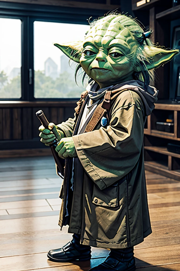 short yoda with a huge banged mullet, realistic