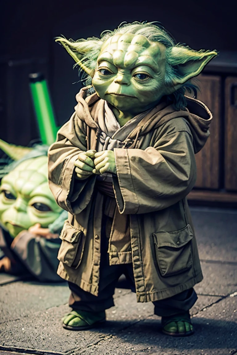 short yoda with a huge banged mullet, realistic