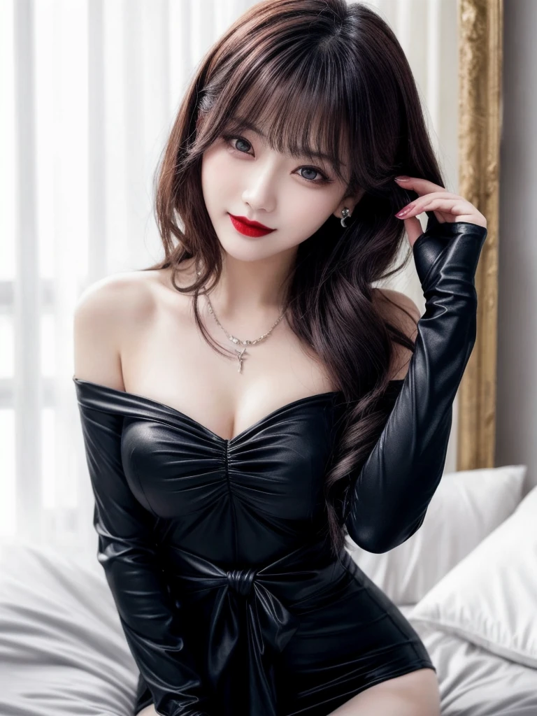 ra-detailed、Japanese、attractive beauty、seductive adult woman、pretty woman、piercing eyes、cool girl、wavy hair、swept bangs、Evil cadres、evil depravity、brainwash、mind control、lipstick、lip gloss、dark makeup、smirk、whisper in your ear、Evil expression、evil、hollow eyes,half-closed eyes、empty eyes、evil、vampire、succubus、vampire、Swear allegiance、sexy pose、hair ornaments、Charming, alluring, alluring, evil, seductive eyes, evil smile, exposed shoulders, exposed waist, exposed thighs, white underwear, on the bed, night, warm light