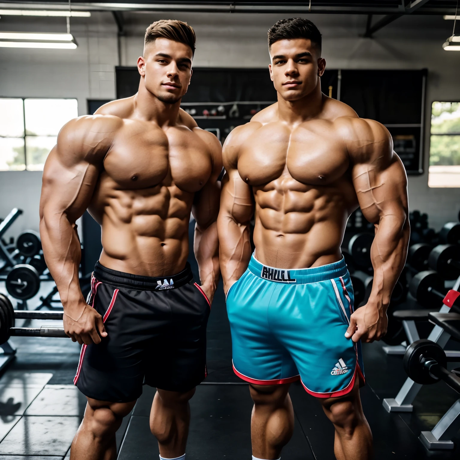 full view full body, Two teenaged over-musuclar bodybuilders flexing their over-inflated triple-biceps in a front double-biceps pose. Shirtless wearing cut-off shorts, long white socks and adidas hi-top sneakers,  Garage in background. both Handsome with undercut clean haircuts. One blonde one brunett. Wide muscled over-bloated shoulders. Thick pumped oversized over-inflated pecs. Huge extremely ovber-inflated big bulbous triple-biceps. Admiring each others enormous muscles at school gym