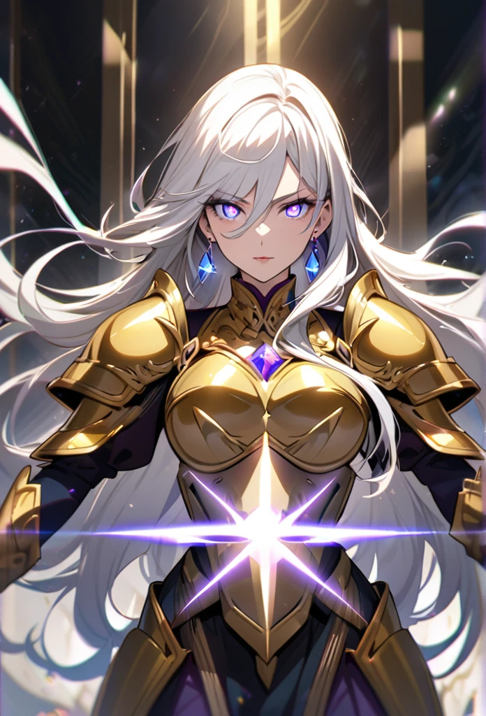 woman, blue eyes, long hair, white hair, mature, god eyes, diamond earings, glowing right eyes, two colors eyes, purple eyes, golden armor