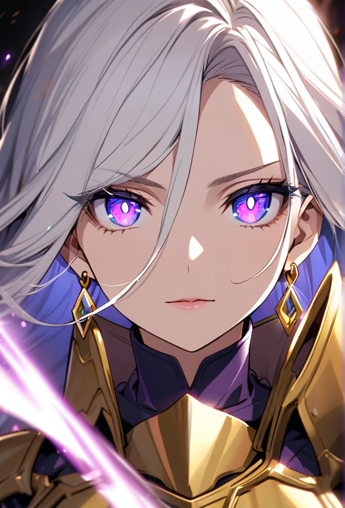 woman, blue eyes, long hair, white hair, mature, god eyes, diamond earings, glowing right eyes, two colors eyes, purple eyes, golden armor