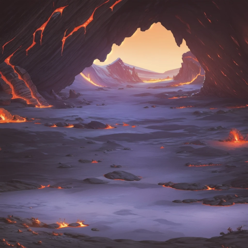 concept art, Horizontal Scene, horizon composition, There are no humans, sight, cave, rock, volcanic area, lava