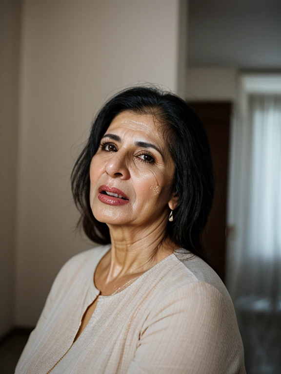 soft light , 4k , fully oiled and wet body Persian mature woman , 55 yo , cute with heavy wrinkle on face , angry face screaming, tit