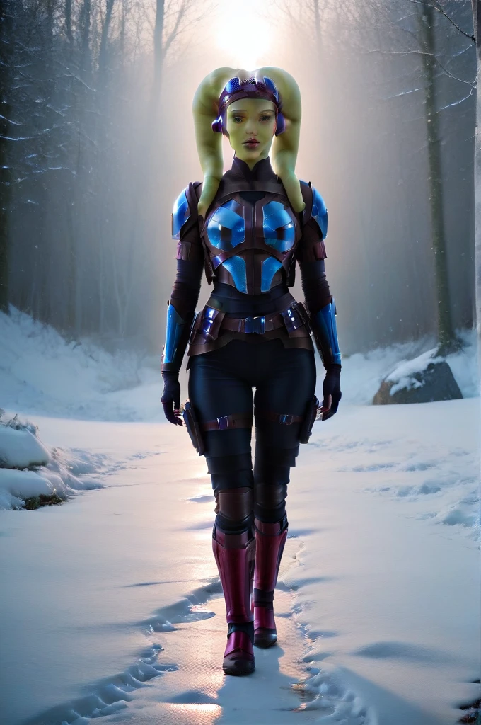 a ((fall body)) hera syndulla
 ((female twi'lek ))mandalorian,walking on snow fire, beautiful detailed eyes, beautiful detailed lips, extremely detailed face, long eyelashes, mandalorian armor, sci-fi, cinematic lighting, dramatic, epic, intricate details, hyper-realistic, 8k, high-quality, photorealistic
