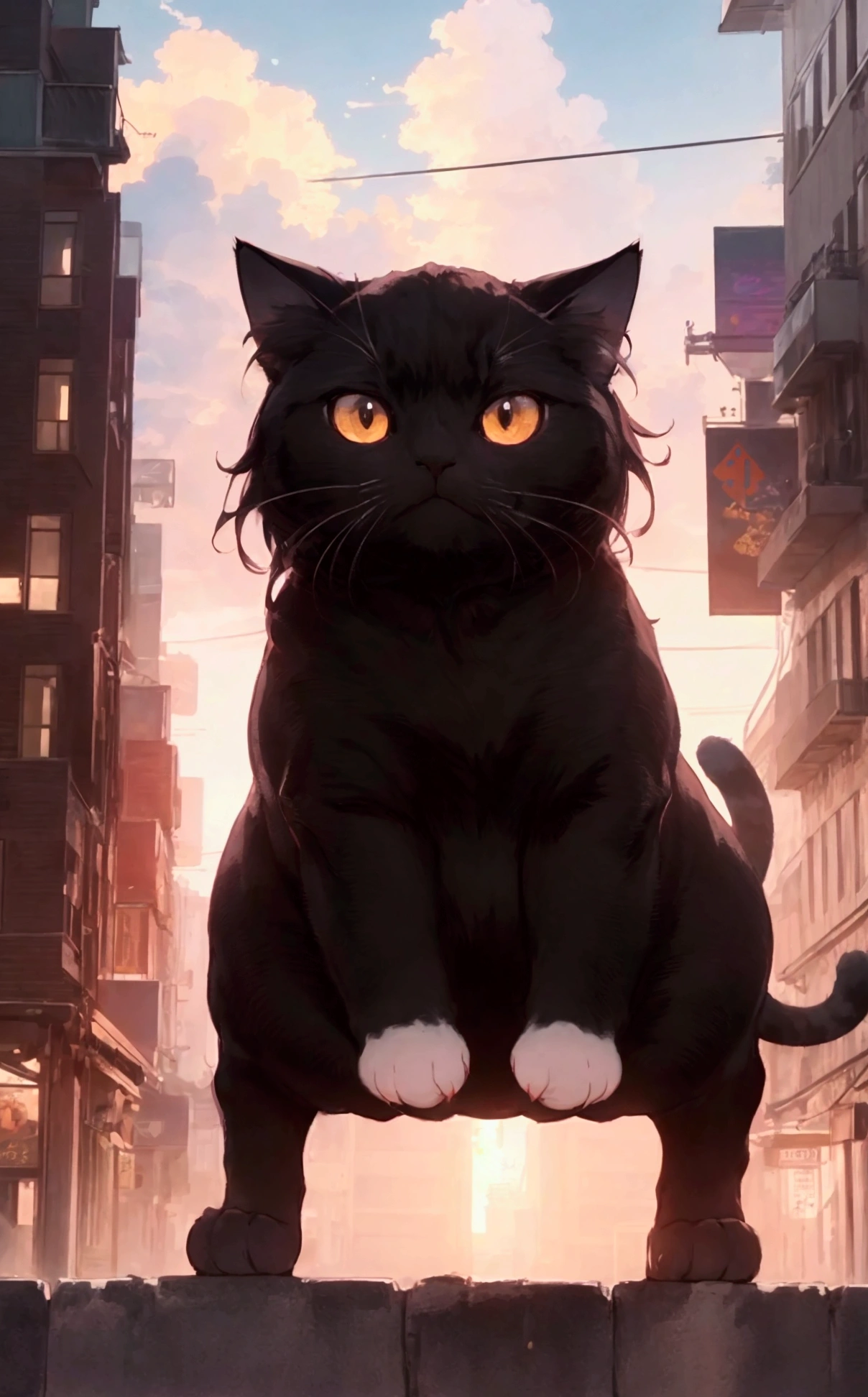 score_9,(best quality,4k,8k,highres,masterpiece:1.2),a ultra-gigantic cat sits on a building, crowd, city, from below, cinematic angle, anime, ultra-detailed,vivid colors,dramatic lighting,