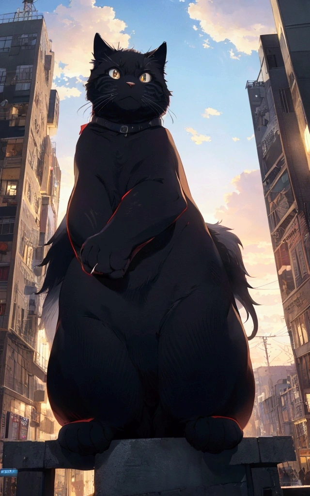 score_9,(best quality,4k,8k,highres,masterpiece:1.2),a ultra-gigantic cat sits on a building, crowd, city, from below, cinematic angle, anime, ultra-detailed,vivid colors,dramatic lighting,