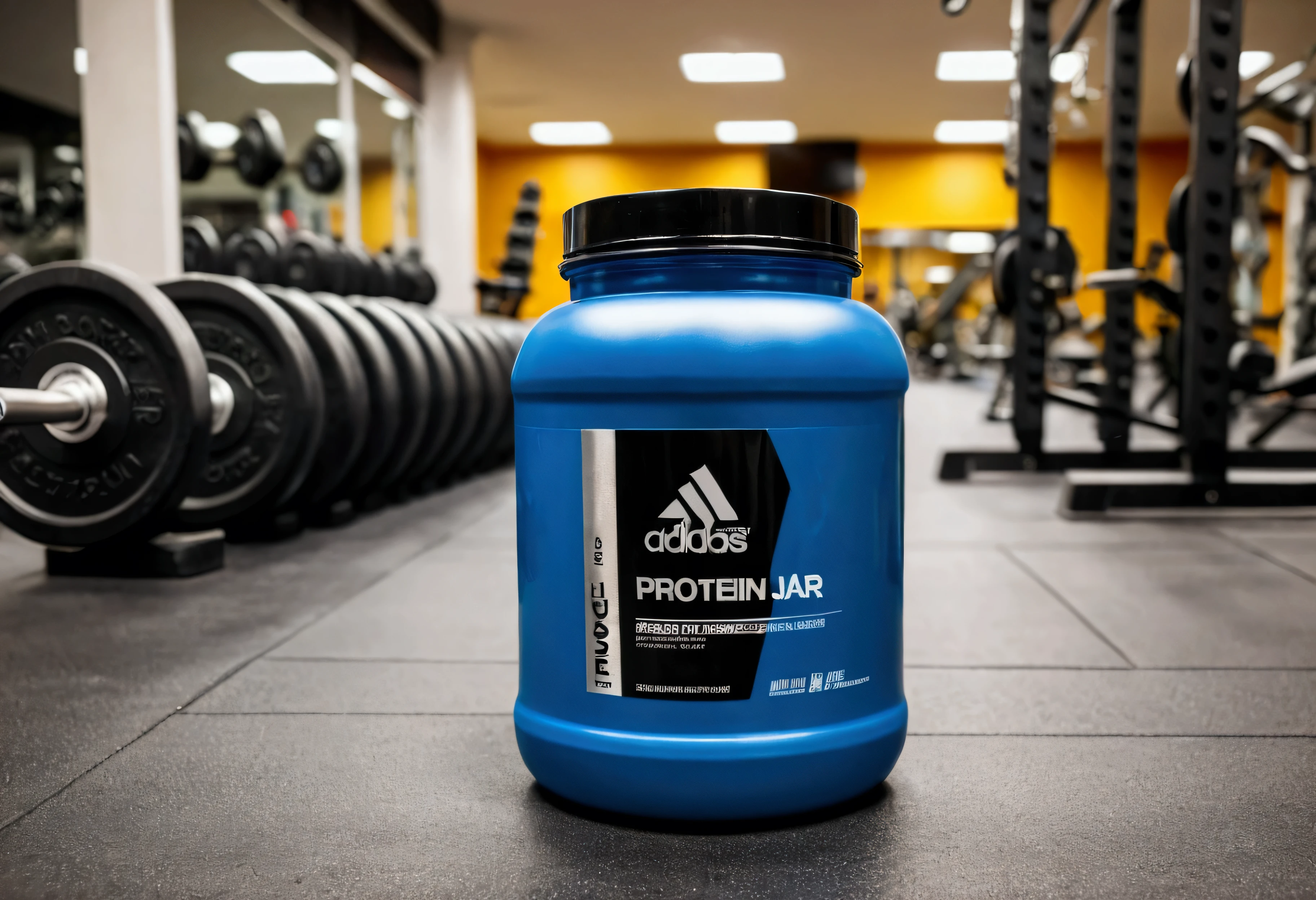 a picture of a protein jar (solid color jar) on the floor (no label on the jar), gym in the background like in a commercial, gym out of focus