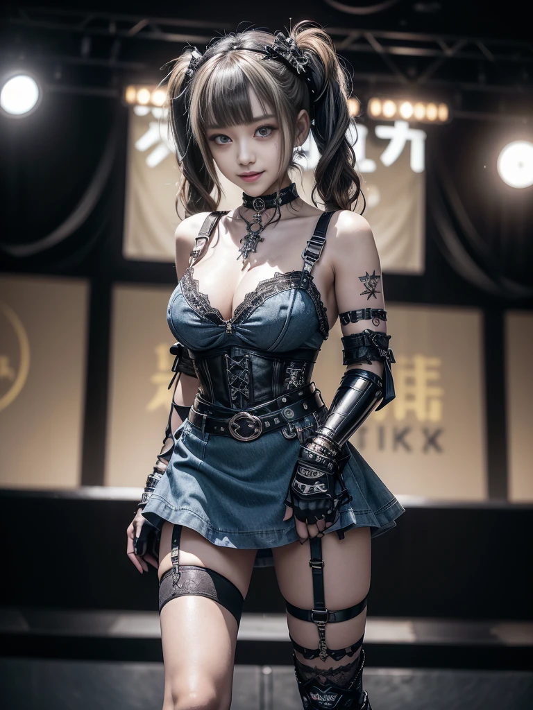 (Smiling with teeth showing:1.3),(Shibuya Gal:1.5)、(Stewardess Uniform:1.3)、(Fashion in the style of Gothic ta:1.5)、(Punk rock visual kei:1.4)、(Denim and black and white medieval noble mini skirt dress:1.5)、(Denim with black and white medieval gloves and bustier:1.5)、(Denim high heels:1.3)、(Wearing silver accessories:1.5)、(Denim Color:1.4)、(black leather garter belt:1.4)、(Brown Skin Belt:1.3)、(Black lace underwear:1.5)、20-year-old、Browsing Caution、((Highest quality、In 8K、masterpiece:1.3))、Sharp focus:1.2、(Layered Cut、Huge boobs:1.1),Beautiful woman with perfect figure:1.4、(Dance vigorously:1.3)、Slim Abs:1.2、Highly detailed face and skin texture、Detailed eyes、double eyelid,(Twin tails:1.3)、(Brownish golden hair:1.3)、Idol Sculpture、(The background is the Takarazuka Revue stage..:1.3)、(The body is slim:1.2),(Slimming your legs:1.4),(clavicle:1.1)