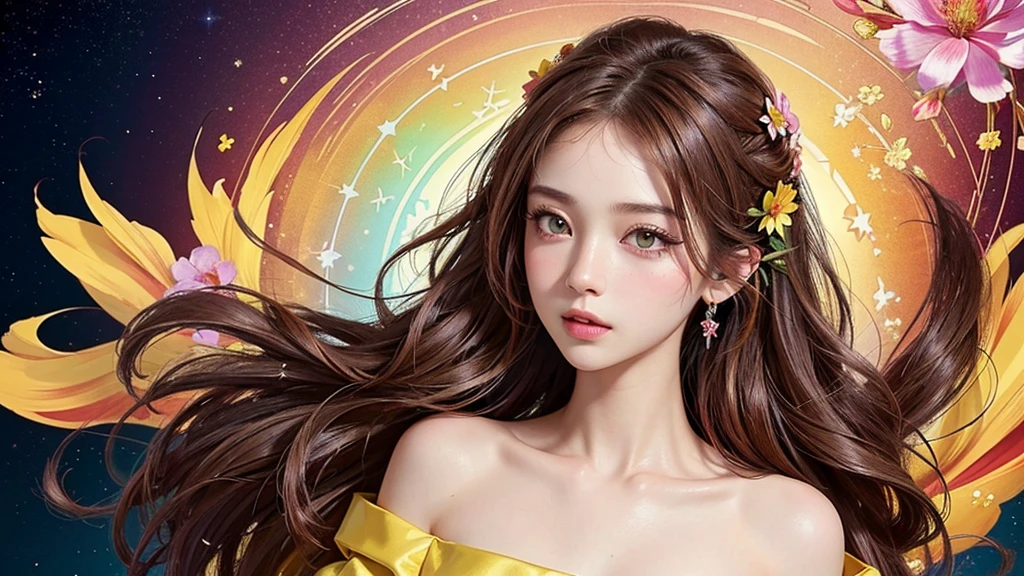 One girl, alone, flower畑, flower, (Official Art, unity 8k wallpaper, Super detailed, beautifully、aesthetic, masterpiece ,Highest quality:1.3), (Dynamic Angle:1.4), (Floating colorful sparkles:1) , elegant, Vibrant colors, Highly detailed face, Detailed eyes, Glowing Skin, Glossy Lips , Red and yellow background, Brown Hair,