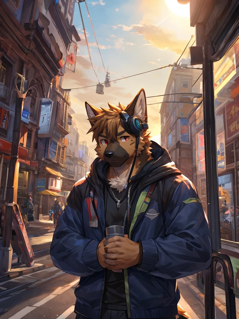 embedding:German Shepherd Dog, male,red eyes,Single person,The side,In the carriage,Look outside,Outside is the city,Hoodie,Without a hood,The game CG,Illustration,On the tram,The setting sun,Alone,A melancholy atmosphere,Artistic tones,Stand by the window.Headphones around neck,The highest quality of scene detail,adult,Tall and powerful,muscle,Best quality hands, best quality eye,detailed fur,Delicate eyes.Extreme picture quality,by sollyz,by zixiong,by milkytiger1145