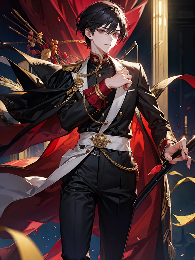 In the battlefield, there is a mature man with sharp brown short hair, green eyes, he wears the clothes of a great general, he has 2 horns, he is demon of gluttony, his body full of human blood, psychopath smile and sharply stare