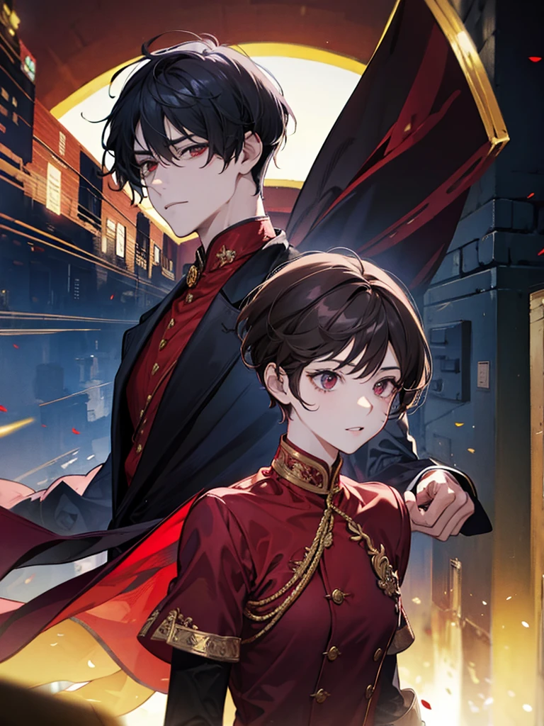 boy, red eyes, red curry hair. sadistic, t shirt. he so arrogant. handsome man. very short hair. like a man. gentleman. like a prince, background in mansion, kind smiling. he noble. have bangs