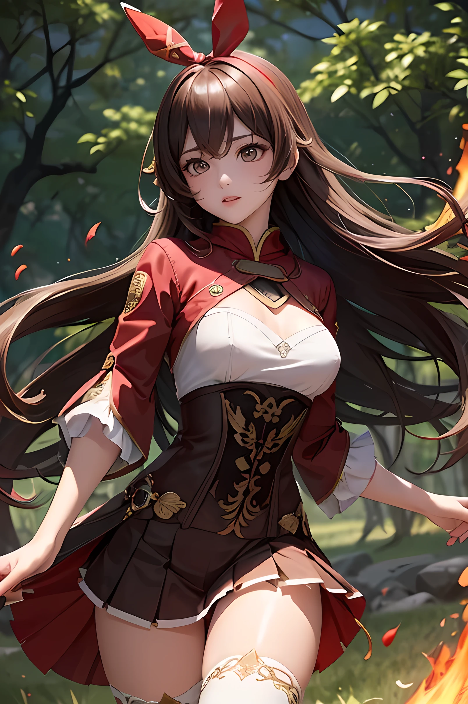 (Highest quality、Highest quality、Masterpiece、Very delicate、Very detailed、Exquisite、16K、Full HD)、1 female、(amber、Genshin Impact)、(Red pleated kirt in the wind、ribbon、Décolletage)、Small breasts、Perfect body line、Glowing Skin、(Groomed eyebrows、Pink Lips、Brown eyes、Detailed eyes)、(Brown Hair、Long Hair、Shiny Hair)、Dynamic Pose、Dramatic lighting、(fire、inflammation、grassland)