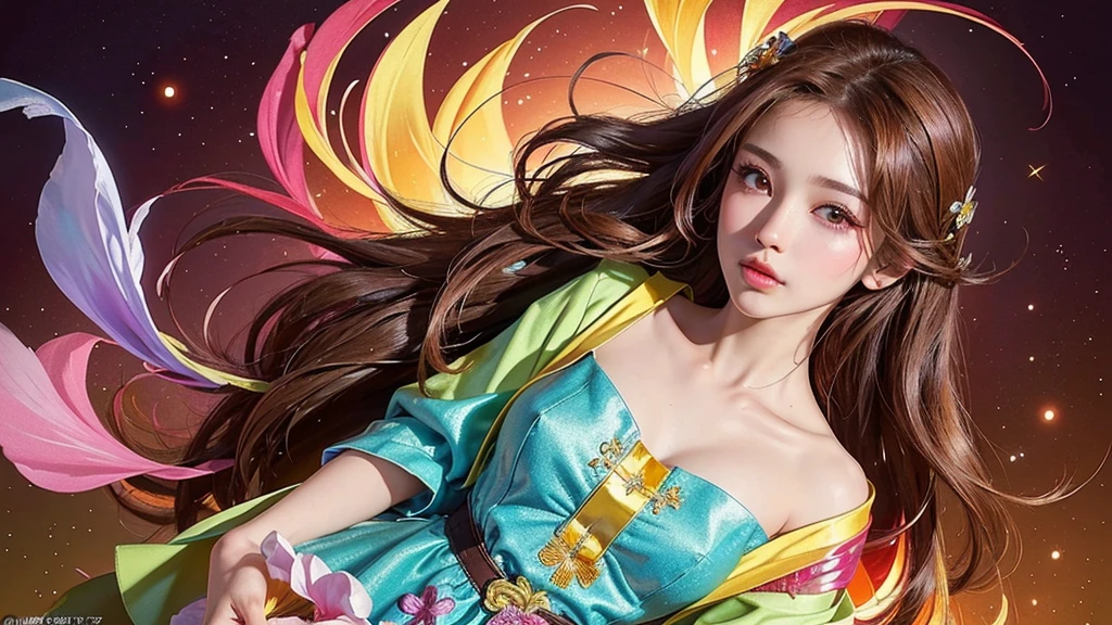 One girl, alone, flower畑, flower, (Official Art, unity 8k wallpaper, Super detailed, beautifully、aesthetic, masterpiece ,Highest quality:1.3), (Dynamic Angle:1.4), (Floating colorful sparkles:1) , elegant, Vibrant colors, Highly detailed face, Detailed eyes, Glowing Skin, Glossy Lips , Red and yellow background, Brown Hair,