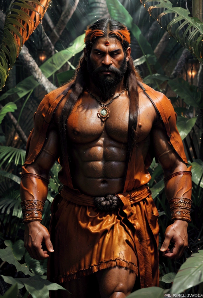LORD HANUMAN ,a 35 years old man who has a face of a monkey, has a long tail as a monkey, proper super detailed eyes, proper super detailed hands, proper super detailed legs, An Indian god, Lord Hanuman, face of a monkey , moderate stature, has a big tail, Fire on the background, strongly built, broad-chested, narrow-waisted, and long-armed, big gada in his hand, in a dark forest (Professional 3D rendering:1.3) by (Realistic:1.3) World's most beautiful art picture, Features soft, dark complexation male heroes , hindu god, indian god, ((Epic hindu god , lord Hanuman, fantasy rough muscular man wet hero angry look long hair long slightly white beard and fierce expression in dynamic pose, wearing a orange robe, inside a jungle, burning lights in the background, majestic environment)), full body 8k unit render, action shot, skin pores, very dark lighting, heavy shading, detailed, Detailed face, (vibrant, photorealistic, Realistic , Dramatic, Dark, sharp focus, 8k), (orange cloths with heavy jewelry r:1.4), (intricate:1.4), decayed, (highly detailed:1.4), painting digital, rendering by octane, art stations, Concept-Art, smooth, sharp focus, illustration, germ of art, (Loish:0.23), Wlop Ilya Kuvshinov, and Greg Rutkowski and Alphonse Mucha Gracias, (global illumination, studiolight, Light Volumetric ), heavy rain, floating particles, scoundrel, fantasy, Eleven, full bodyesbian, ((Dark jungle background:1.3)),CGSesociedade,art stations