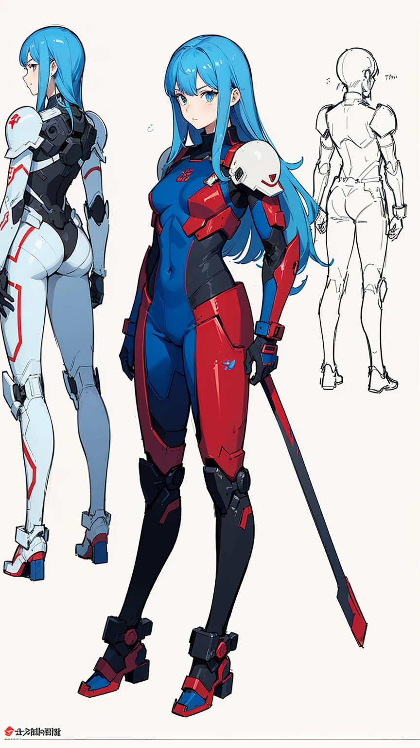 (((full body photo))), red blue and white color, femboy wearing a lightly armored jumpsuit, science fiction themes, chest armor, Gundam, best quality, official art, Sketch line diagram, blue eye, front view, view rear, and side view of the character, Long hair