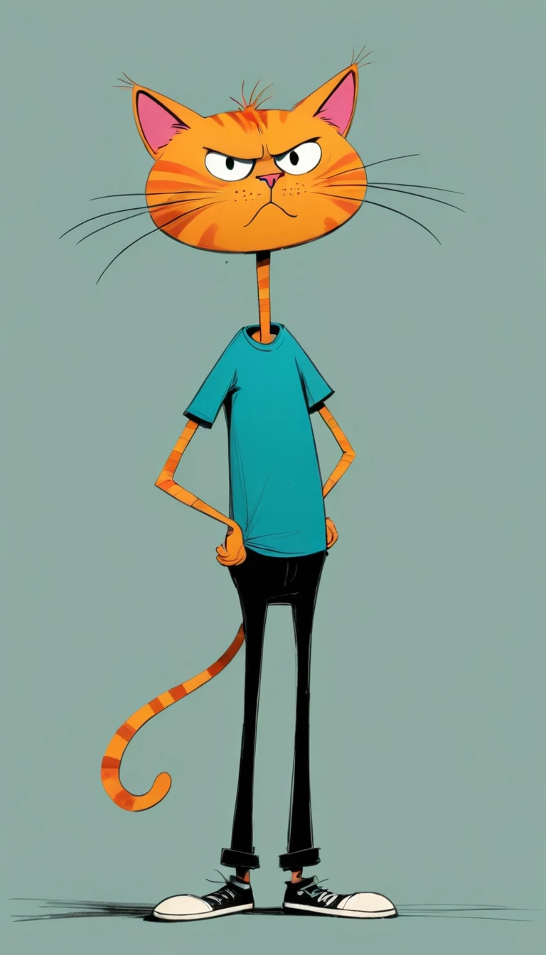 (((Exaggerated digital character sketches:1.37，Matchstick Men))).(1 huge cat，(Exaggerated expression,)，(Black sketch lines，Loose brushstrokes create the outline，Cartoon Style. Bright colors and simplified lines, sketch)。(Exaggerated body movements),(Large area of blank）