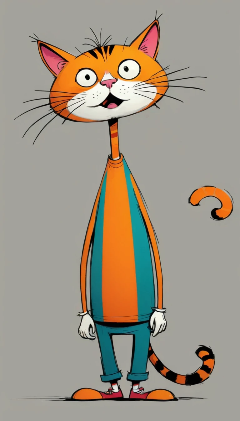 (((Exaggerated digital character sketches:1.37,Matchstick Men))).(1 huge cat,(Exaggerated expression,),(Black sketch lines,Loose brushstrokes create the outline,Cartoon Style. Bright colors and simplified lines, sketch)。(Exaggerated body movements),(Large area of blank)