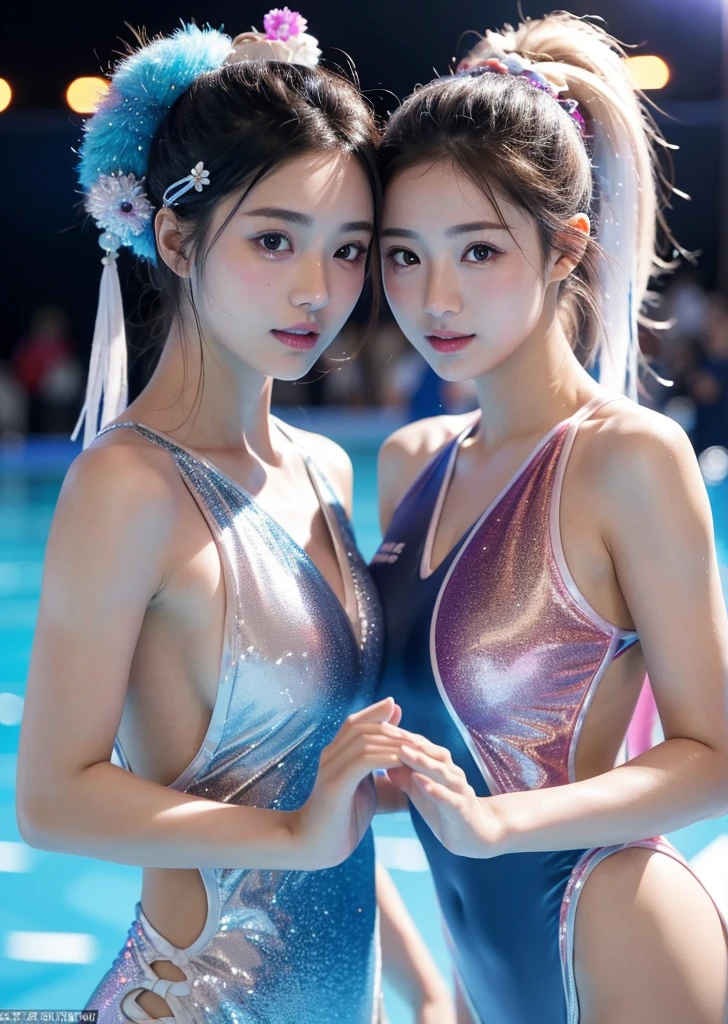 2 girls in pool at night,glittery pink school swimsuit with white trim,18-year-old,bangs,a little smiles,thighs,crotch,knees,wet hair and wet body,poneytail,from below