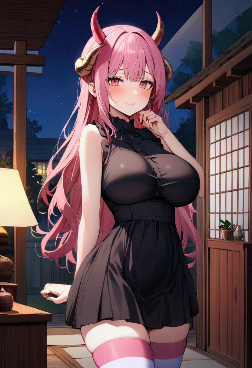 1girl with long pink hair, violet red eyes, two small horns on head, short black dress, big breasts, pink and white striped stockings, stand, night, village house living room, shy smile, standing