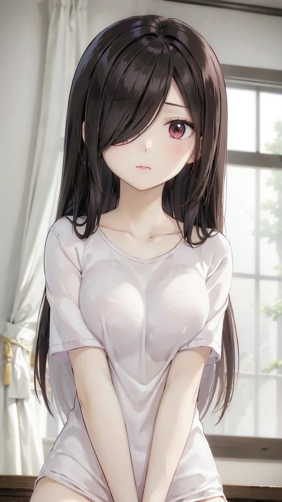 (((masterpiece))), (((best quality))), ((ultra-detailed)), (highly detailed CG illustration), (masterpiece:1.5), Detailed Photo, innocent shy, (Best Quality: 1.4), (1girl), Beautiful Face, (Black Hair, long Hair: 1.3), Beautiful Hairstyle, beautiful detail eyes, (realistic skin), beautiful skin, absurd, attractive, ultra high resolution, high definition, shy pose, full body view,Beautiful , white background, pink soft white light, pink pajama, busty breast,see through nipple, nipple out,(hair over one eye:1.4), Messy hair,hair between eyes,pubic hair pussy, dense pubic Hairy pussy .