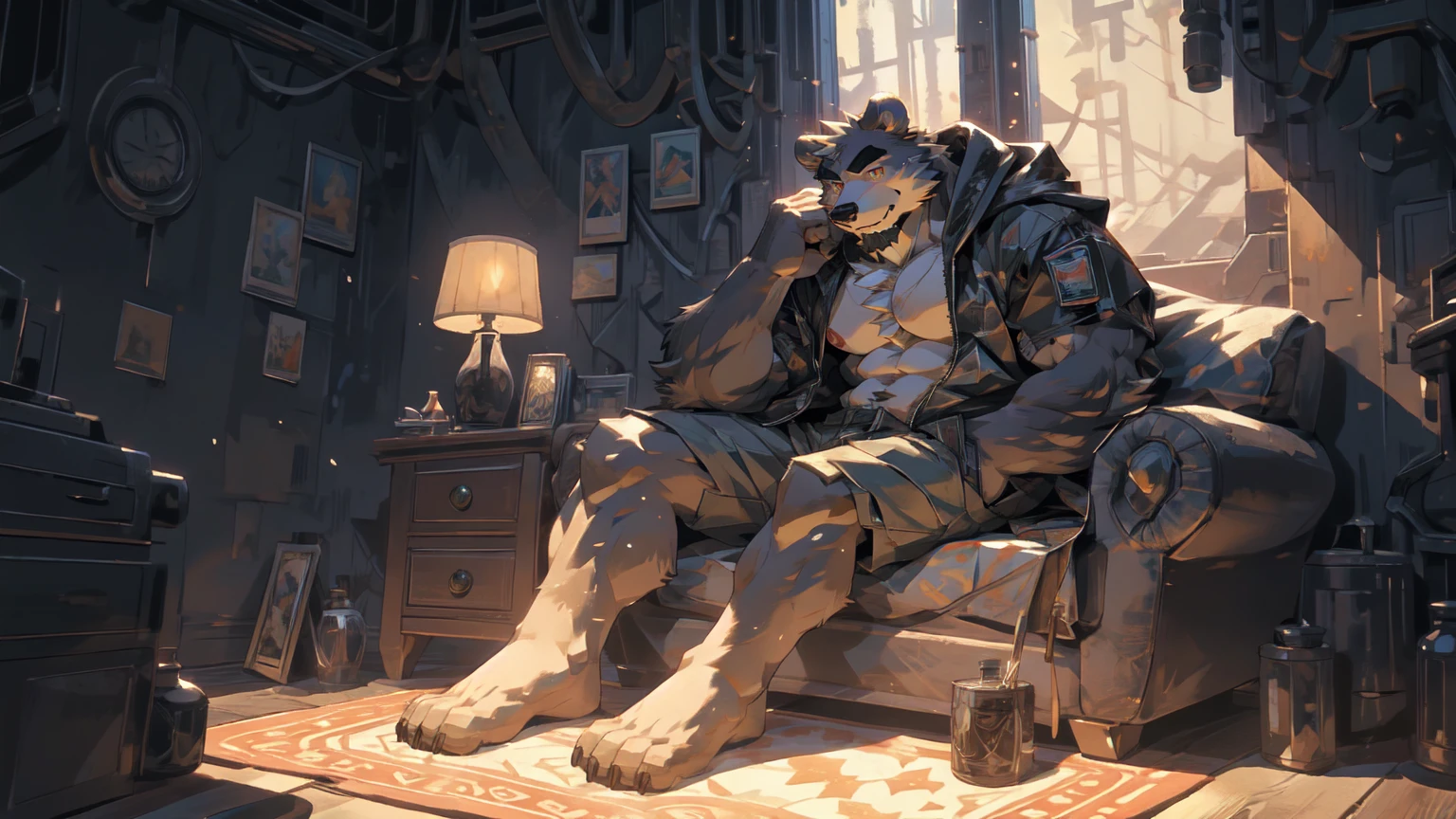 (masterpiece:1.2), best quality,pixiv,official art,perfect anatomy, (Ray tracing, light),solo, (1_male:1.3) , (muscle), (grey fur:1.4), (muscle bear), (beard:1.2), (gleaming golden eyes), bear tail, Thick black eyebrows, (open hooded parka) , (naked inside:1.2), cargo shorts, barefoot , french window, indoor , fur carpet , cushion , rest on sofa
