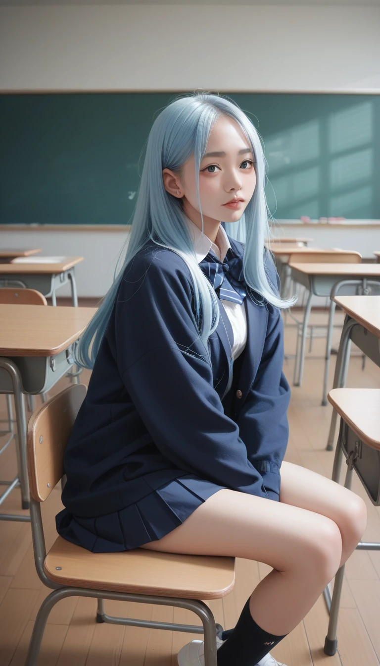 1 Girl, Light blue long hair, Dark Blue, Sitting in the classroom, Black school modern, Japanese cartoons