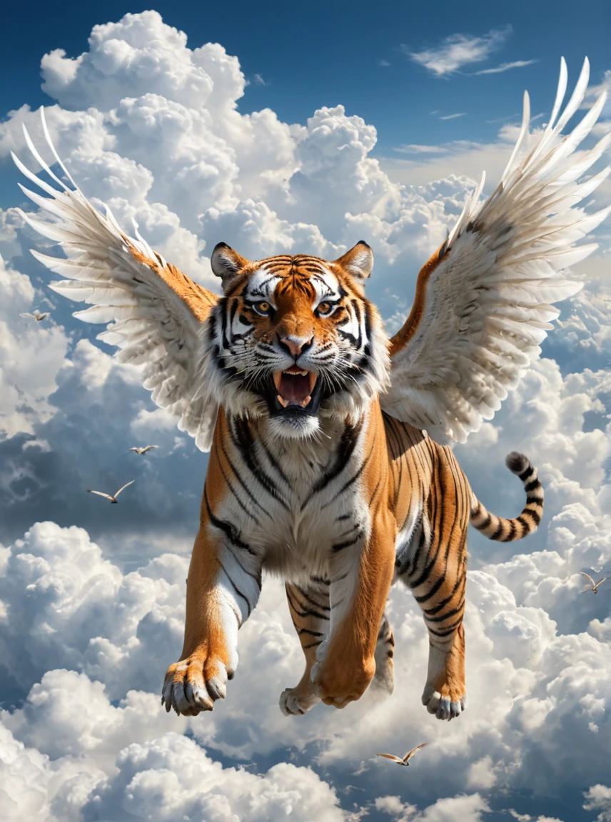 Winged tiger soaring through the sky、A tiger running through the white clouds、Come this way、It has large white wings on its back.、Very realistic、high resolution、Detailed Expression