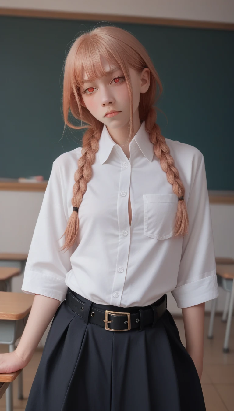 (masterpiece, best quality: 1.2), night(Chainsaw Man),(Very rich facial details, Real images, Realistic skin, Realistic body, Intricate details), Red Eyes (Intimidating appearance), faint blush, Social Clothing, Half-open button shirt (White的), White, skirt (Black), Black belt with buckle, Big Hair (Entangled in braids), Small Breasts, close up, thigh, classroom, Blackboard.