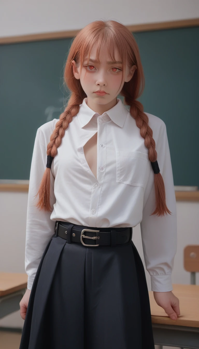 (masterpiece, best quality: 1.2), night(Chainsaw Man),(Very rich facial details, Real images, Realistic skin, Realistic body, Intricate details), Red Eyes (Intimidating appearance), faint blush, Social Clothing, Half-open button shirt (White的), White, skirt (Black), Black belt with buckle, Big Hair (Entangled in braids), Small Breasts, close up, thigh, classroom, Blackboard.