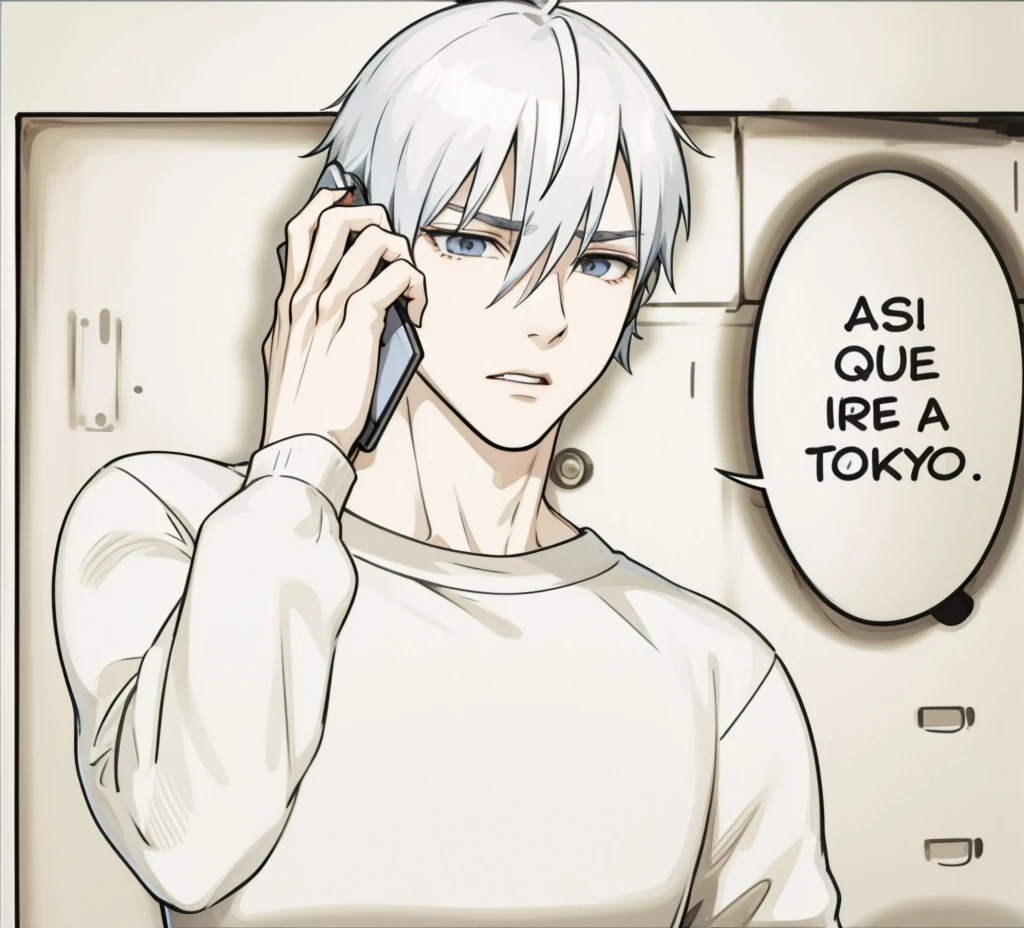 cute 16 year old gray hair man talks worried on cell phone