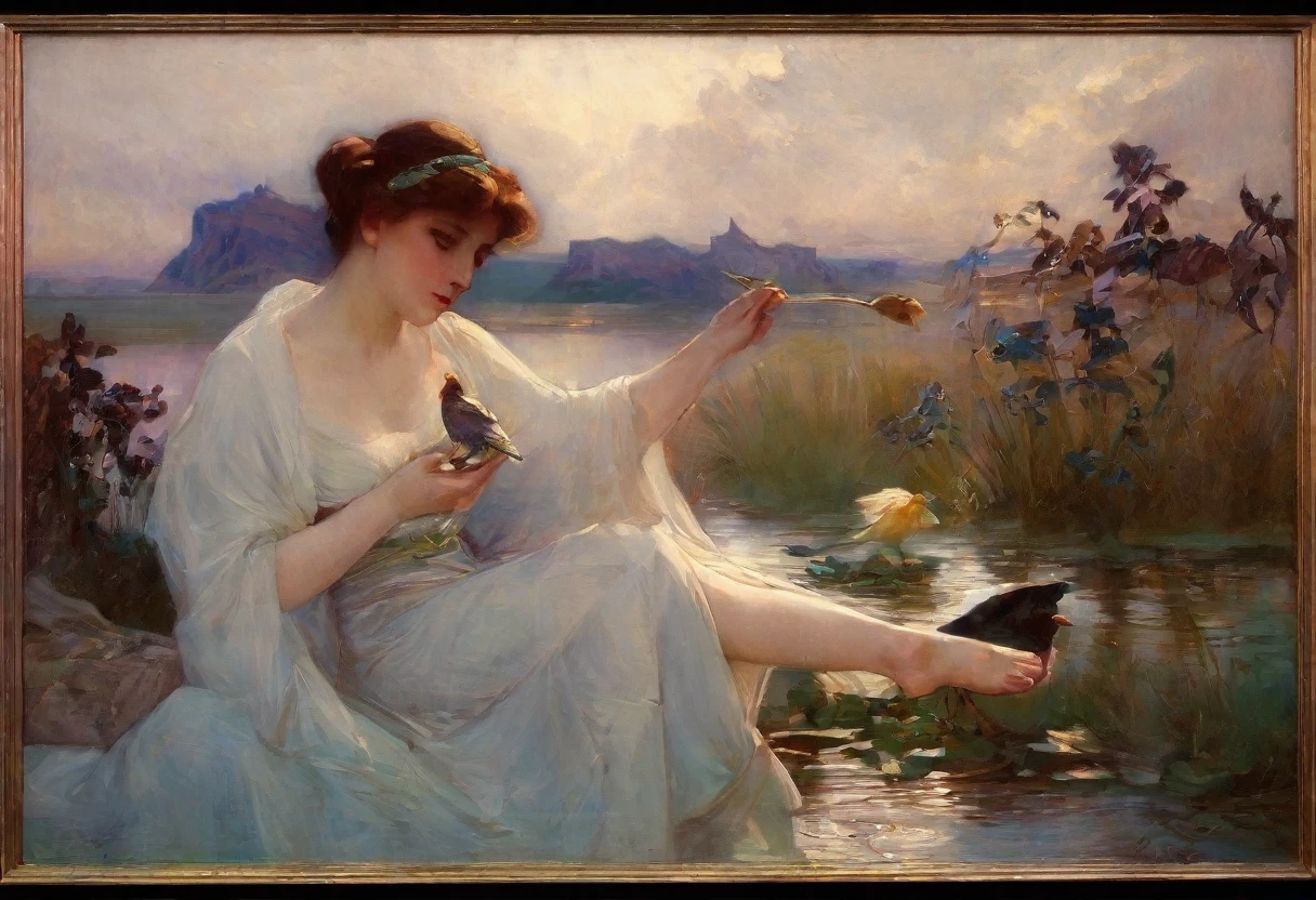 a painting of a woman laying on a lily in a pond, hans zatzka, hans zatska, nymph in the water, hans zatka, inspired by Konstantin Makovsky, art of edouard bisson, study of a flower fairy, jules julien, in a pond, by Hans Zatzka, by Gustave Boulanger, by Konstantin Makovsky