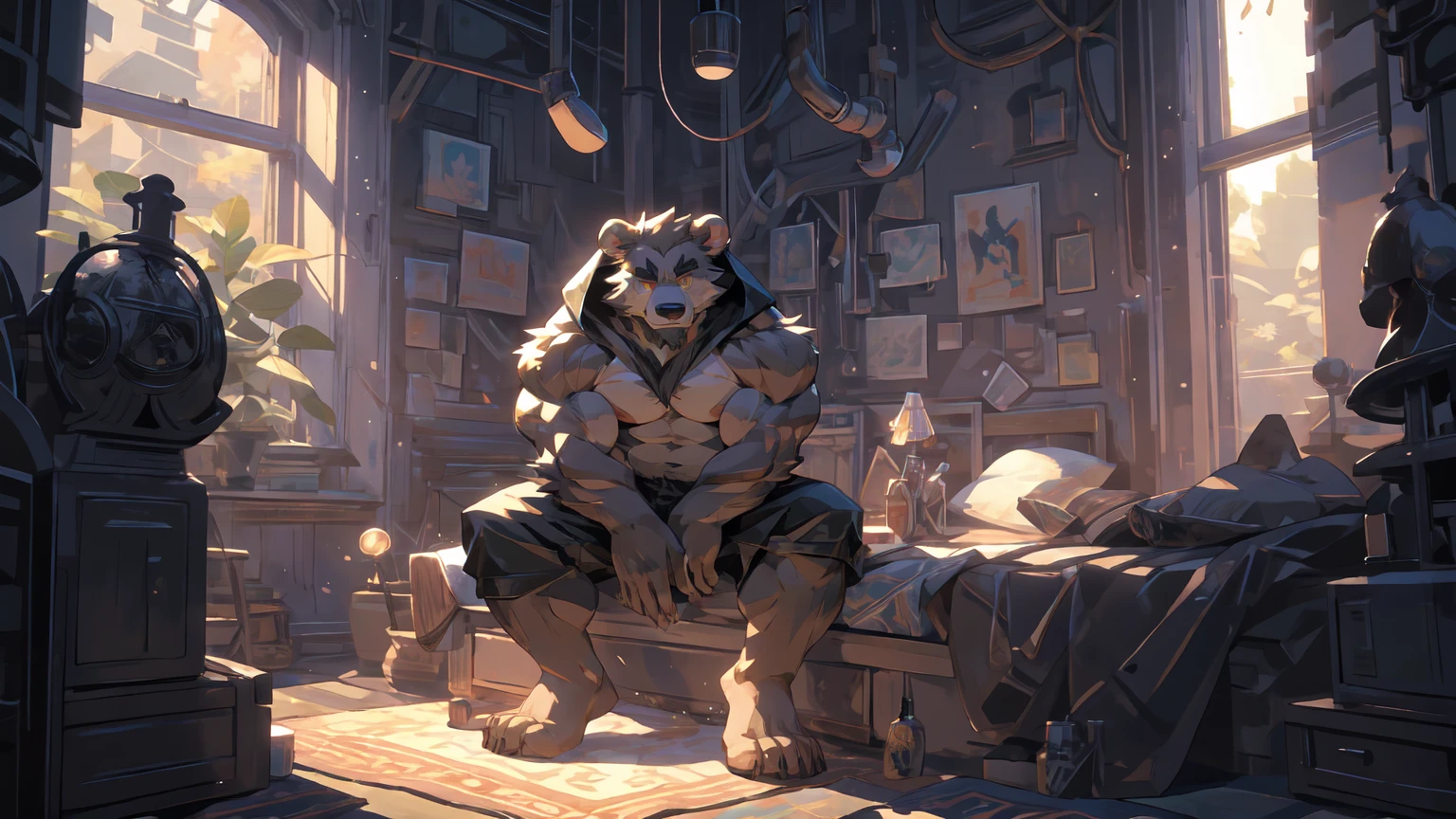 (masterpiece:1.2), best quality,pixiv,official art,perfect anatomy, (Ray tracing, light),solo, (1_male:1.3) , (muscle), (grey fur:1.4), (muscle bear), (beard:1.2), (gleaming golden eyes), bear tail, Thick black eyebrows, (open hooded parka) , (naked inside:1.2), cargo shorts, barefoot , french window, indoor , fur carpet , cushion , rest on bed