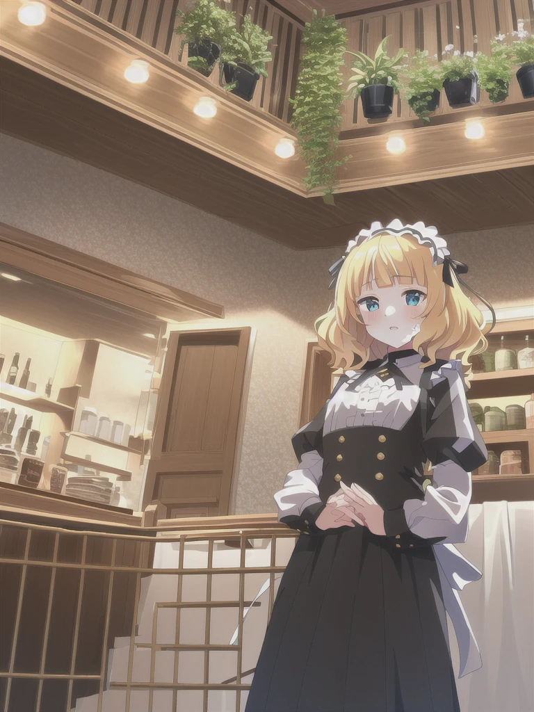 KirimaSharo, KirimaSharo, Gothic Maid:1.5, black and white contrast, ShaggyHair:1.3, (Highest quality:1.2), 8k, Absurd, anime, ShaggyHair:1.3, bangs, blunt bangs, (Blue eyes:1.1), Blonde, break looking at viewer, (Cowboy Shot:1.5), break (masterpiece:1.2), unity 8k wallpaper, (figure:0.8), (Beautiful attention to detail:1.6), Highly detailed face, Perfect lighting, Highly detailed CG, (Perfect hands, Perfect Anatomy), (3D Face:1.1), (Shiny skin:1.5), (Ultra-high resolution intricate face details), (Facial skin pores:1.3), Ultra high resolution cloth texture, Big smile, Blushing, Open your mouth, arms behind back, One girl, alone, ((The interior of the cafe with soft light shining in)), (There are many antique tables and chairs), ((Clock, houseplants, stairs, hanging L lights, (cafe supplies:1.2), shelves with coffee beans)).((reflect)), (masterpiece,best quality:1.4),super fine illustration,shiny skin,detailed skin,an extremely cute and beautiful girl,beautiful face,full body,standing