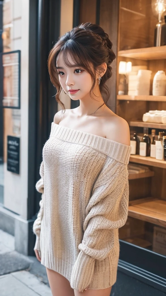 Highest quality, (beautiful)、university student、smile、peace sign、Semi-short、Earrings、Off the shoulder