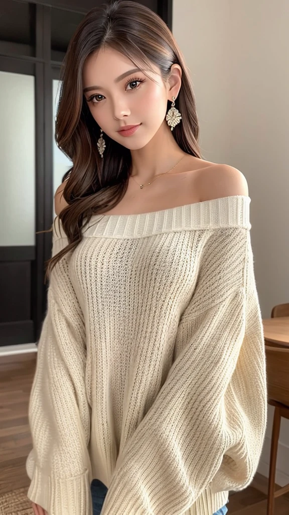 ((Highest quality)), ((masterpiece)), (detailed), One girl, Off-the-shoulder sweater,
