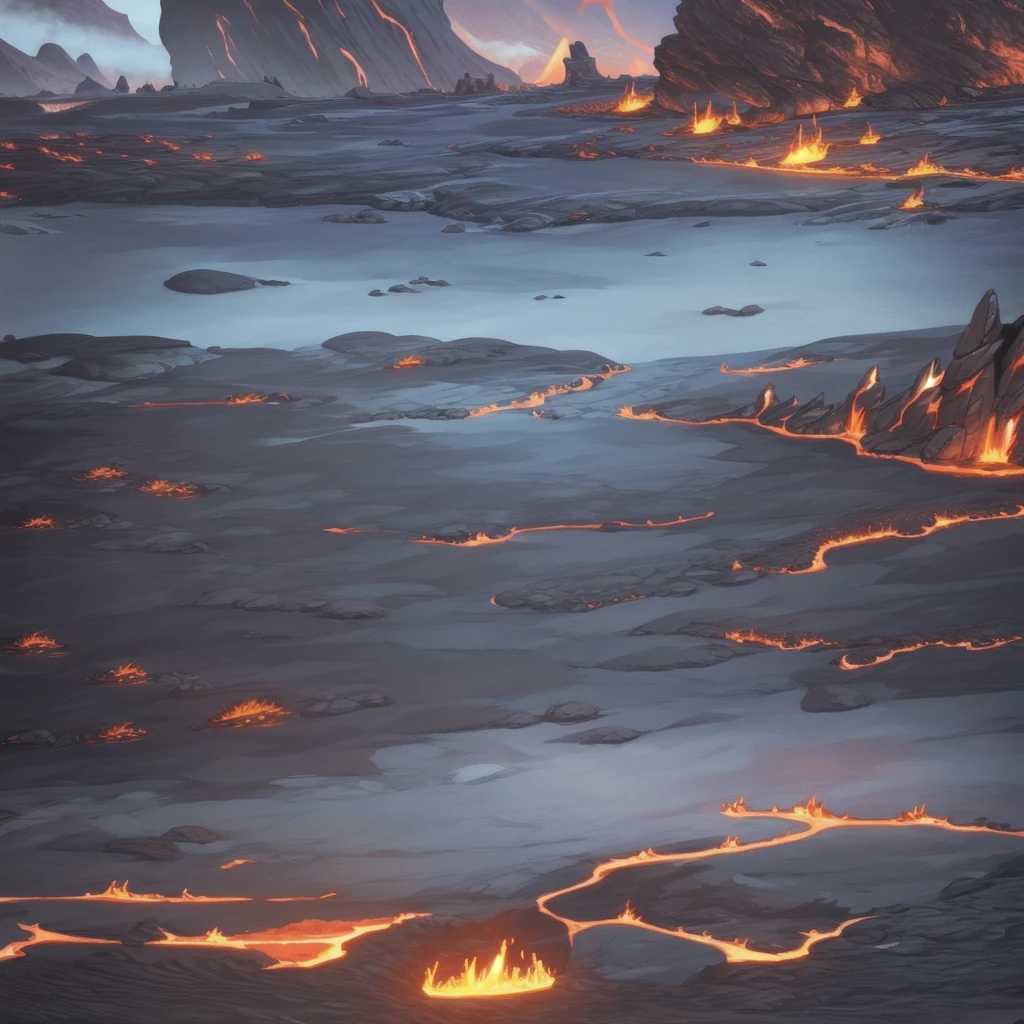 concept art, Horizontal Scene, horizon composition, There are no humans, sight, cave, rock, volcanic area, lava