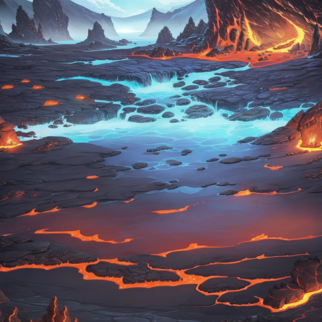 concept art, Horizontal Scene, horizon composition, There are no humans, sight, cave, rock, volcanic area, lava