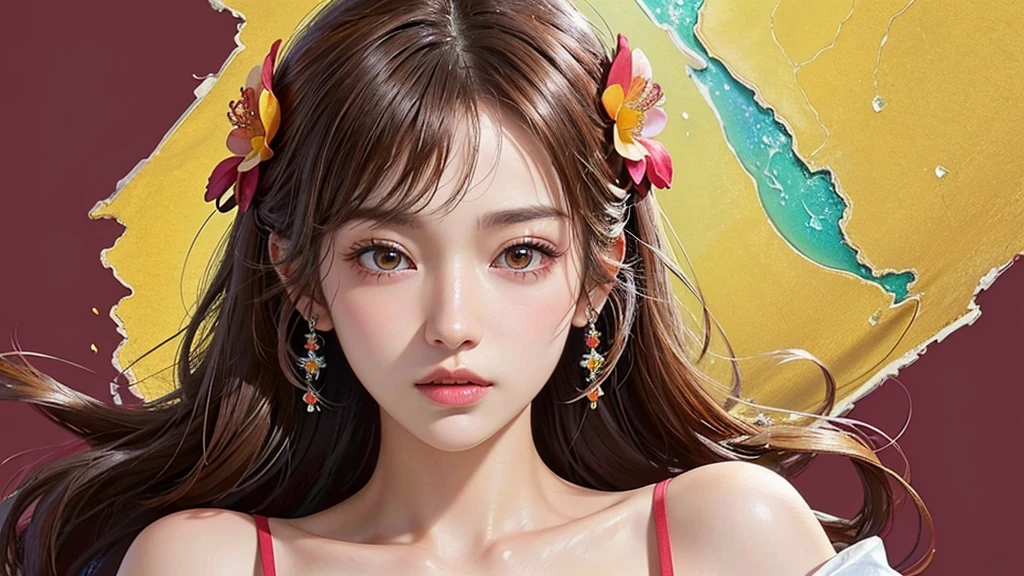 One girl, alone, flower畑, flower, (Official Art, unity 8k wallpaper, Super detailed, beautifully、aesthetic, masterpiece ,Highest quality:1.3), (Dynamic Angle:1.4), (Floating colorful sparkles:1) , elegant, Vibrant colors, Highly detailed face, Detailed eyes, Glowing Skin, Glossy Lips , Red and yellow background, Brown Hair,
