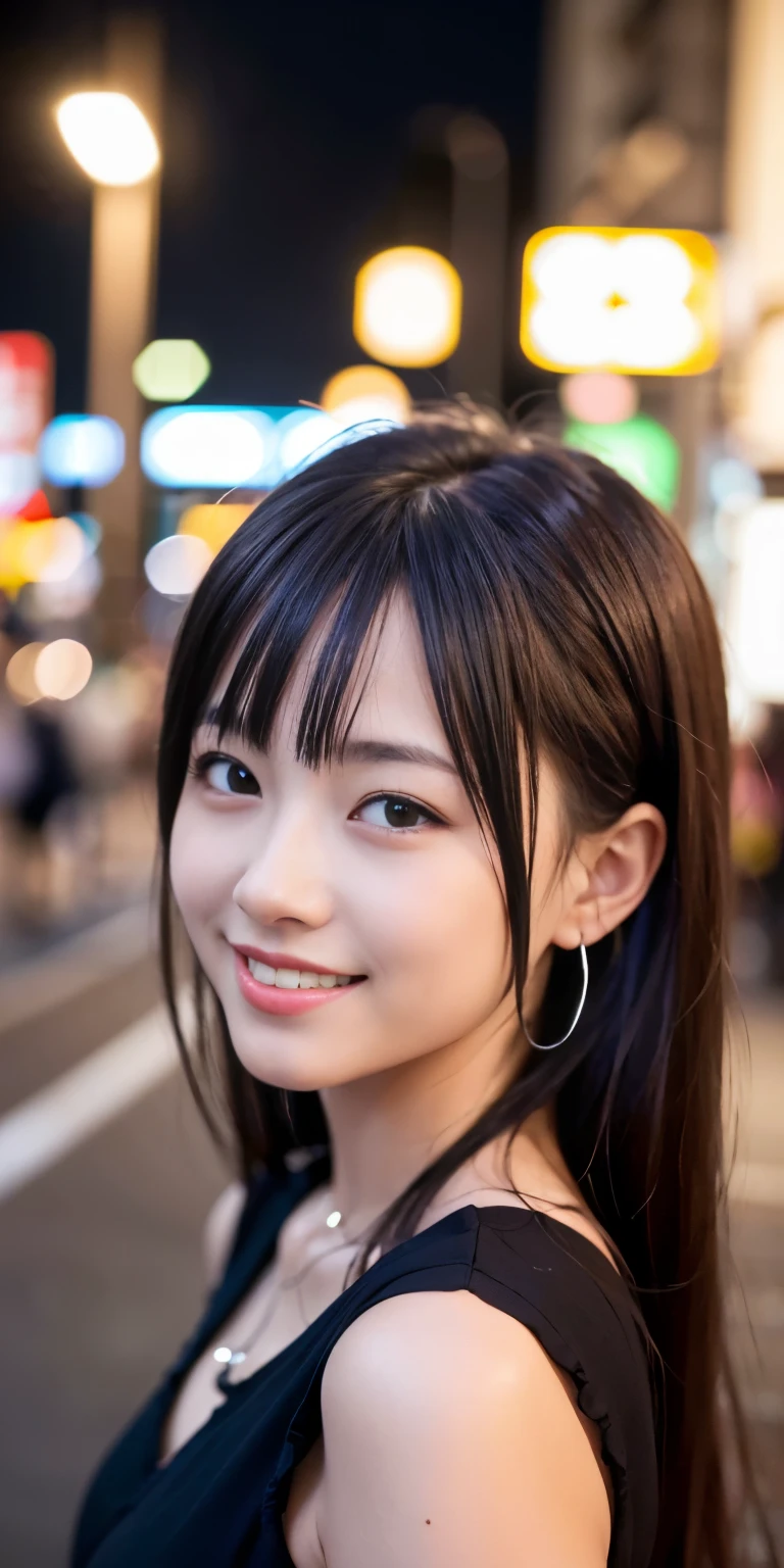 1 girl, Tokyo Street,night, Streetscape,City lights,Upper Body,close,smile,, (8k, RAW Photos, Highest quality, masterpiece:1.2),(Realistic, photo-Realistic:1.37),