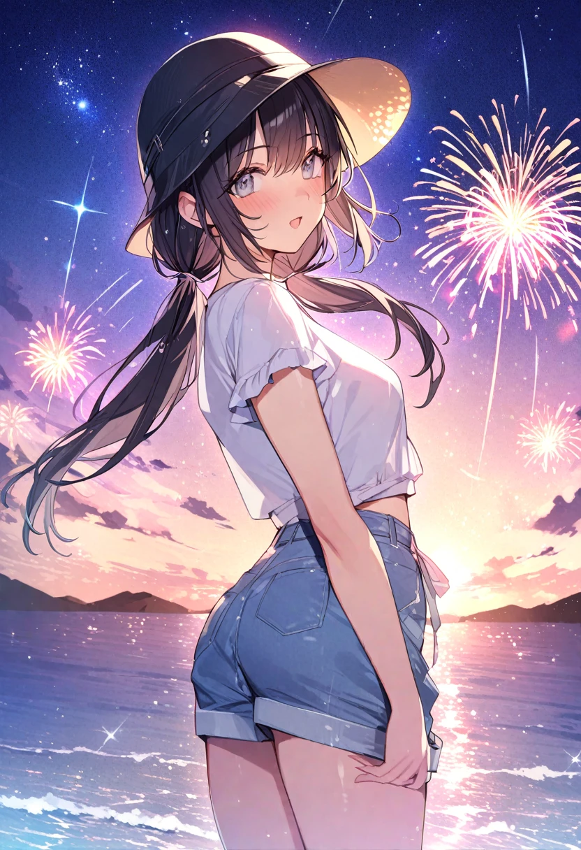 Highest quality　masterpiece　High resolution　masterpiece　Shiny black hair、Grey Eyes、Low Twintails、casual summer outfit、flowerpunk、Sparkling light particles、Vivid gradient effect、meteor、firework